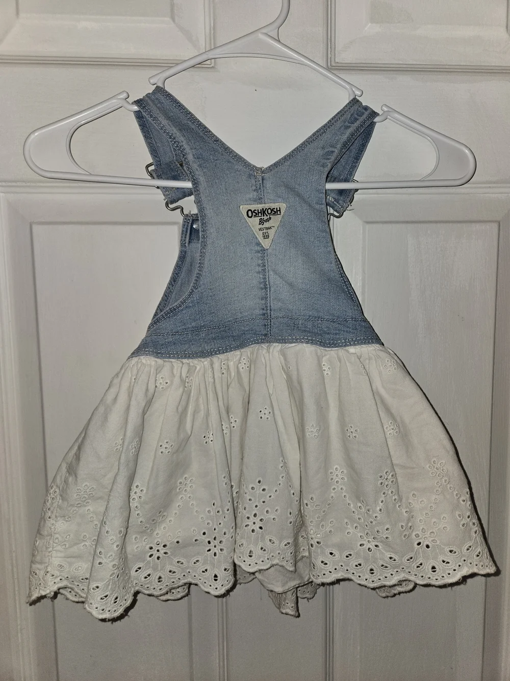 OshKosh B'gosh Girls Light Wash Denim & White Eyelet Skirt Overalls SZ 24 Months